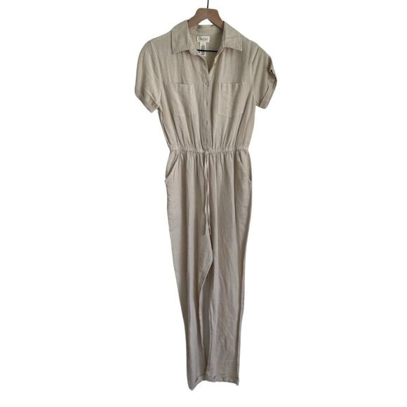 Jessica Simpson Short Sleeve Linen Jumpsuit Beige Small - Picture 1 of 9